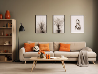 Scandinavian scandi modern minimalist cozy living room interior with fall and halloween decor. Sage couch with orange pillows. Pumpkin decor