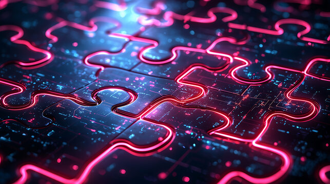 futuristic high tech digital puzzle with glowing neon edges in abstract cyber environment
