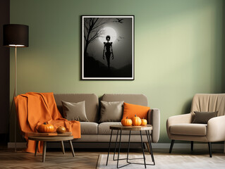 Scandinavian scandi modern minimalist cozy living room interior with fall and halloween decor. Sage couch with orange pillows. Pumpkin decor
