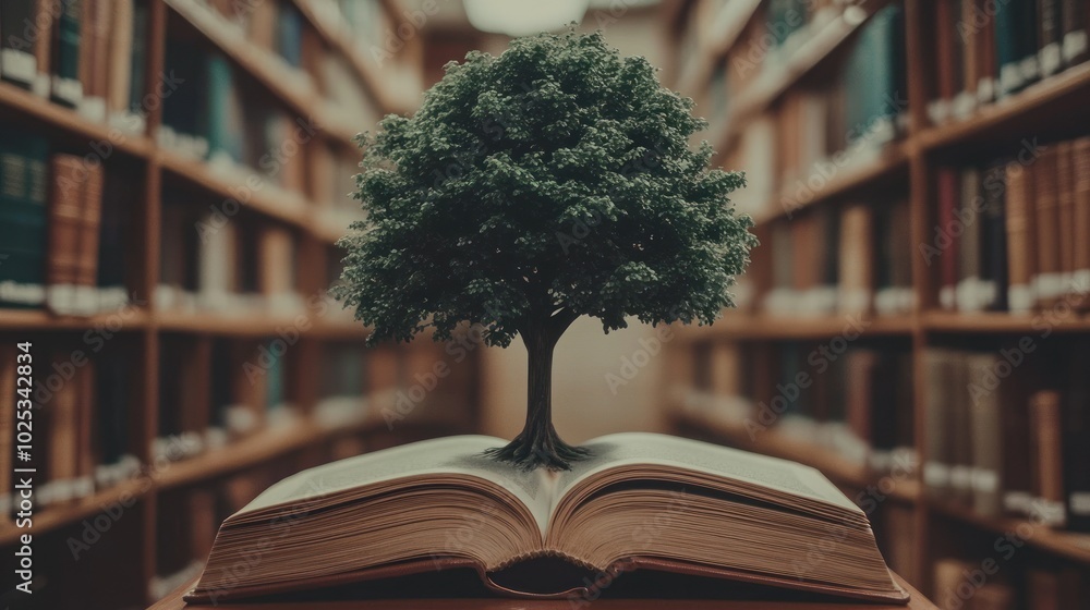 Poster A Tree Growing From an Open Book in a Library