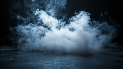 Flow of white smoke or fog on the ground. Huge mist in a pitch-black room with a black backdrop. smoke for the product presentation at the stage studio.