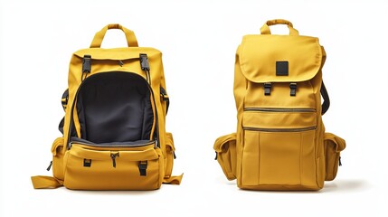 Open yellow backpack isolated on white background. Design of school bag advertisements. Rucksack, travel bag, and knapsack. Things with a tourist theme. 