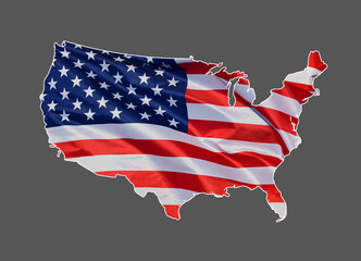 Map, outline of United States of America designed with national flag