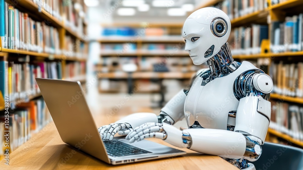 Poster humanoid robot using a laptop in a library