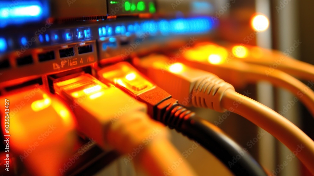 Poster Network Cables Plugged into a Server with Lit Indicators