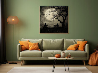 Scandinavian scandi modern minimalist cozy living room interior with fall and halloween decor. Sage couch with orange pillows. Pumpkin decor
