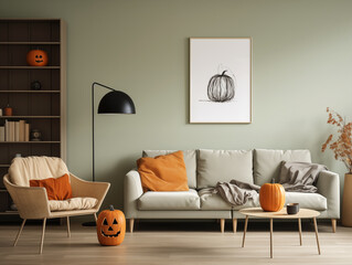 Scandinavian scandi modern minimalist cozy living room interior with fall and halloween decor. Sage couch with orange pillows. Pumpkin decor