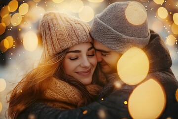 Couple embraces joyfully after their engagement under beautiful bokeh lights