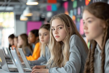 Obraz premium A diverse group of young girls engaged in a computer activity at a creative workspace during a tech workshop