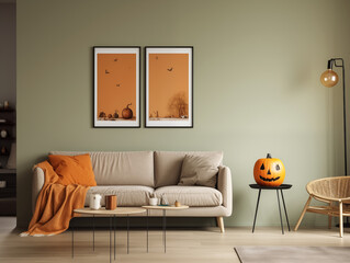 Scandinavian scandi modern minimalist cozy living room interior with fall and halloween decor. Sage couch with orange pillows. Pumpkin decor