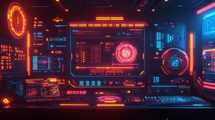 Fototapeta premium A cyberpunk gaming HUD background featuring a modern, futuristic 3D design. It includes a vibrant neon interface, showcasing advanced technology and visual elements. 3D illustration.