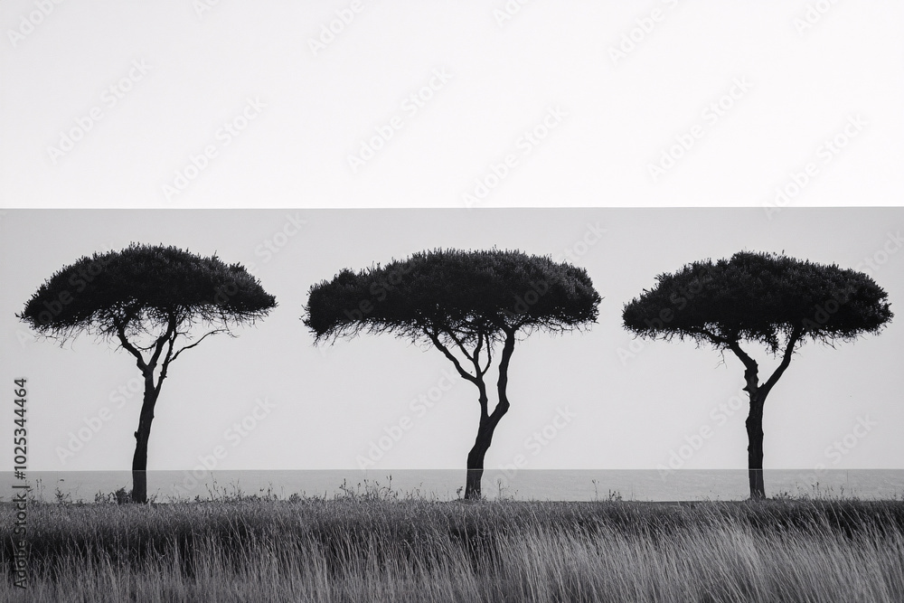 Aufkleber three tall trees with wide canopies standing in a row in an open field, minimalistic scene
