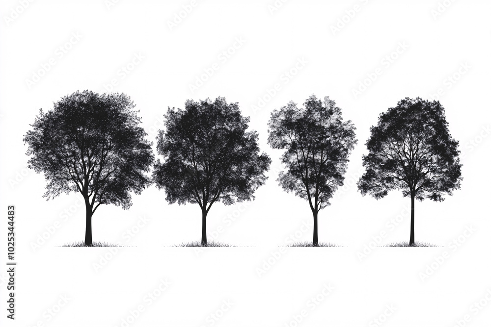 Poster silhouettes of four trees in a row with varying density of leaves against a white background