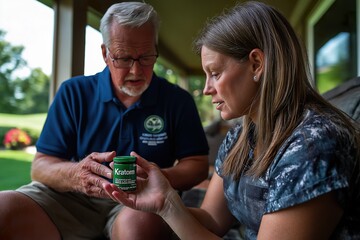 Worried family members discuss kratom use outdoors in the evening light