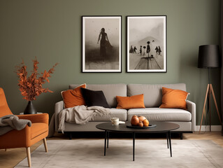 Scandinavian scandi modern minimalist cozy living room interior with fall and halloween decor. Sage couch with orange pillows. Pumpkin decor
