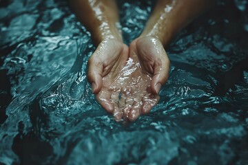 Hands cupping water in a tranquil, reflective setting during a serene moment