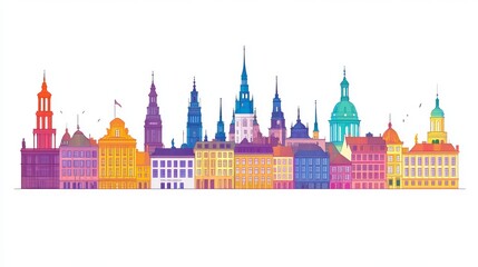 Fototapeta premium An outline illustration of the Copenhagen, Denmark city skyline, featuring colored historic buildings. The design is isolated on a white background
