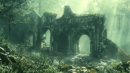 Fototapeta premium Overgrown Ruins in a Misty Forest - A Forgotten Gateway