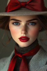 Elegant woman in a widebrimmed hat with a red ribbon, soft lighting, and vintage styling
