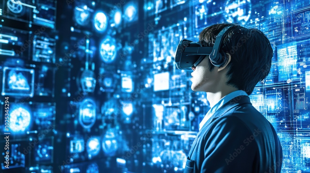Poster Man in Virtual Reality Headset Interacting with Digital Data