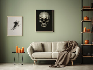 Scandinavian scandi modern minimalist cozy living room interior with fall and halloween decor. Sage couch with orange pillows. Pumpkin decor