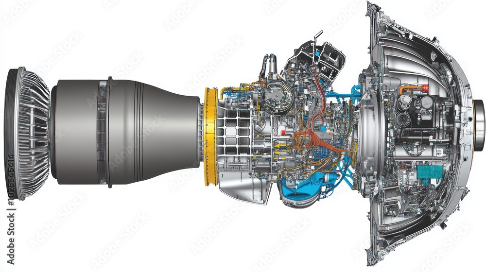 Poster detailed diagram of a jet engine with internal components visible