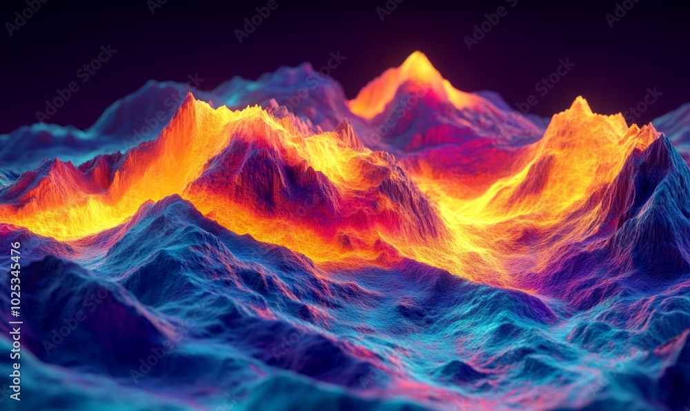 Poster heatmap of a mountain range, with vibrant colors showing areas of high temperature variation and coo