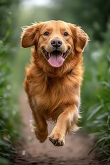 Fototapeta premium Happy golden retriever running towards the camera, tongue out, in a green park