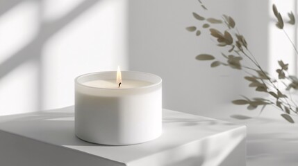 A white candle with a soft glow sits on a white surface with a shadow pattern on a white wall. Generative Ai