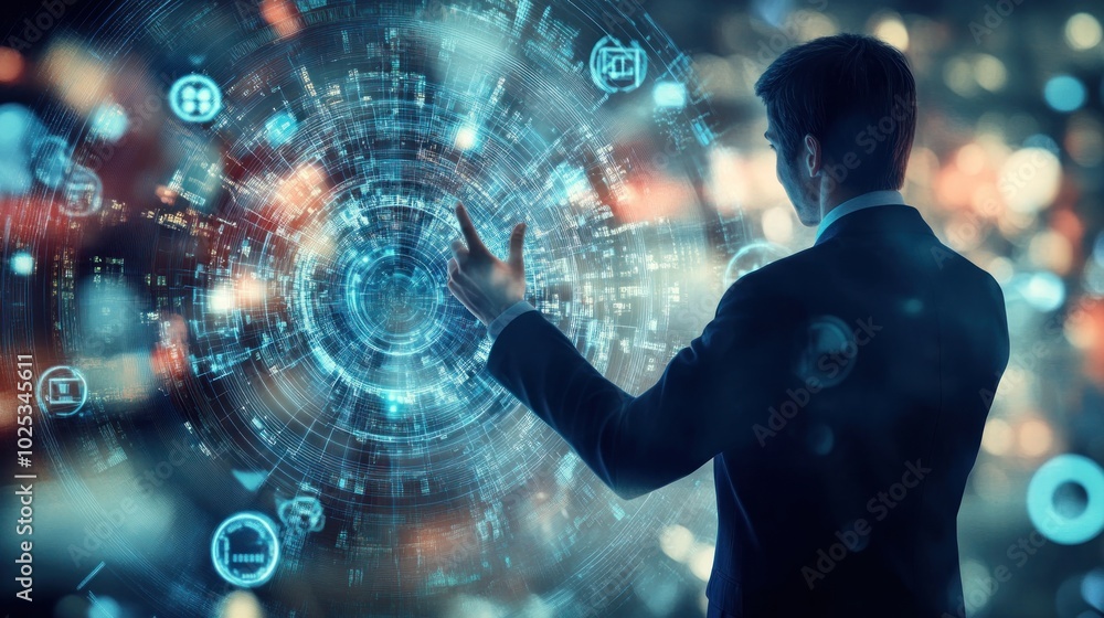 Poster Man Interacting with a Holographic Digital Interface