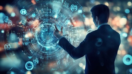 Man Interacting with a Holographic Digital Interface