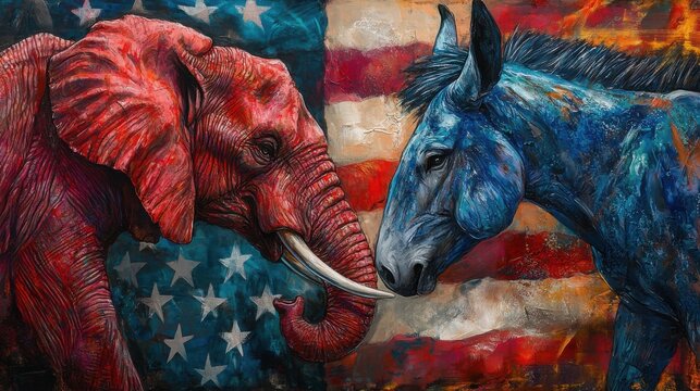 A red elephant and blue donkey face each other, set against a background of an American flag. The animals are symbolic of the two major political parties in the United States.