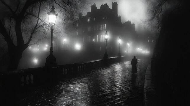 Fototapeta A lone figure walks down a misty street at night, illuminated by flickering streetlights. The atmosphere is eerie and mysterious, with a sense of isolation.