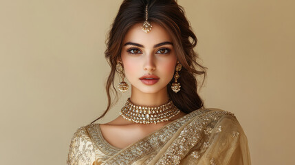 A woman wearing gold jewelry and a gold sari. She has a gold necklace and earrings