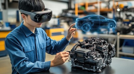 A mechanic using VR technology to analyze a car engine