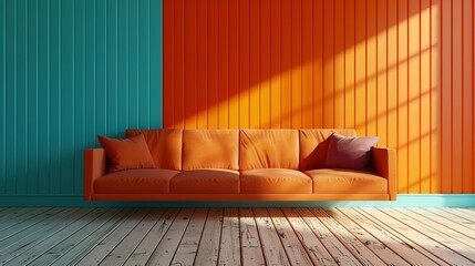 Orange Sofa Against Teal and Orange Wall with Wooden Floor