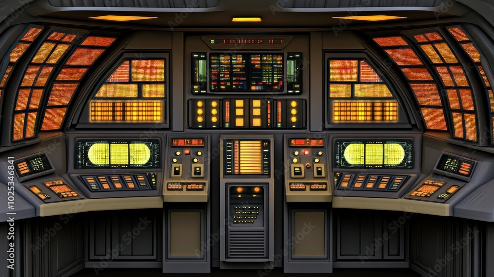 Poster Futuristic spaceship control panel with glowing lights and intricate displays