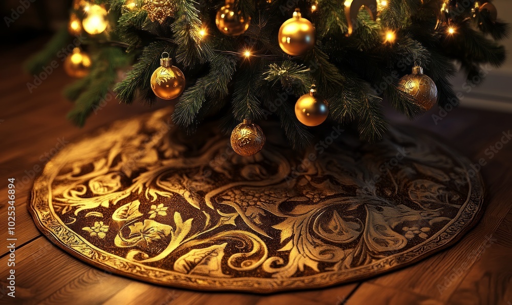 Poster luxurious golden christmas tree skirt with intricate patterns, adding an elegant touch to a tree fil
