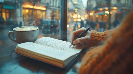 Cozy café setting with a warm drink and notebook during a rainy afternoon in a lively city. National Hand Writing Day concept