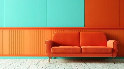 Orange Couch in a Room with a Teal, Orange and White Color Scheme
