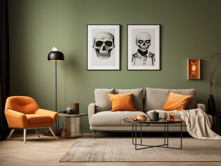 Scandinavian scandi modern minimalist cozy living room interior with fall and halloween decor. Sage couch with orange pillows. Pumpkin decor
