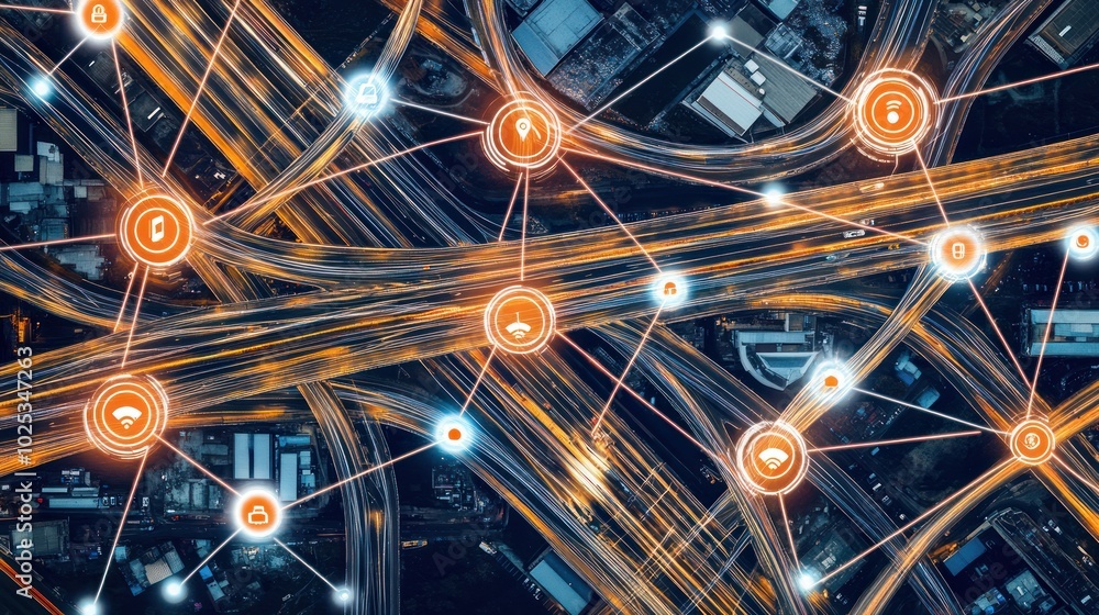 Poster aerial view of a city at night with connected symbols over a highway interchange