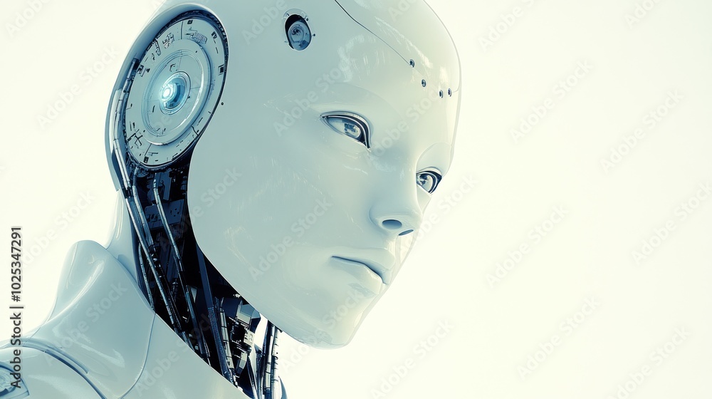Poster Close-up of a White, Humanoid Robot's Face with Visible Internal Mechanisms