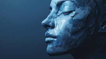 A woman's face is painted blue and white