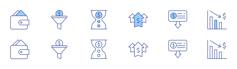 Money icon set in two styles, Duotone and Thin Line style. Editable stroke. income, extract, money, time is money, sales funnel, money loss