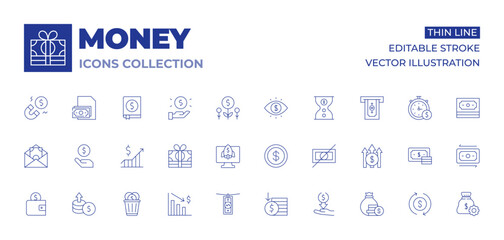 Money icons collection. Thin Line icons, editable stroke. money, magnet, money waste, increase, business, money loss, earnings, stock, startup, investment, money laundering