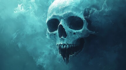 A skull with a mouth open and teeth showing, with a blue background