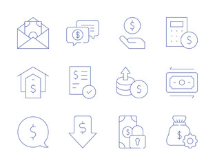 Money icons. Thin Line style, editable stroke. money, increase, debt, support, bank check, low price, house, calculator, money transfer, money talk