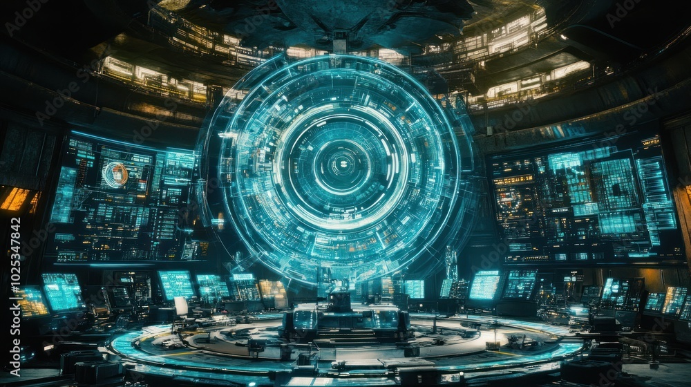 Poster futuristic control room with holographic display and monitors