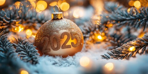 A Christmas ornament featuring '2025' in glitter, surrounded by snowy branches and twinkling lights